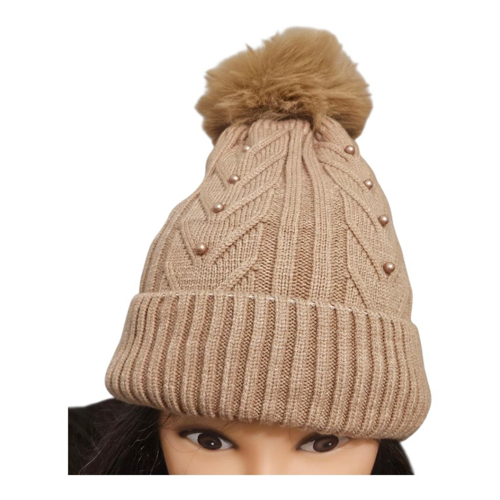 Women's Tan Faux Fur Pompom Pearls Winter Hat - Picture 3 of 4
